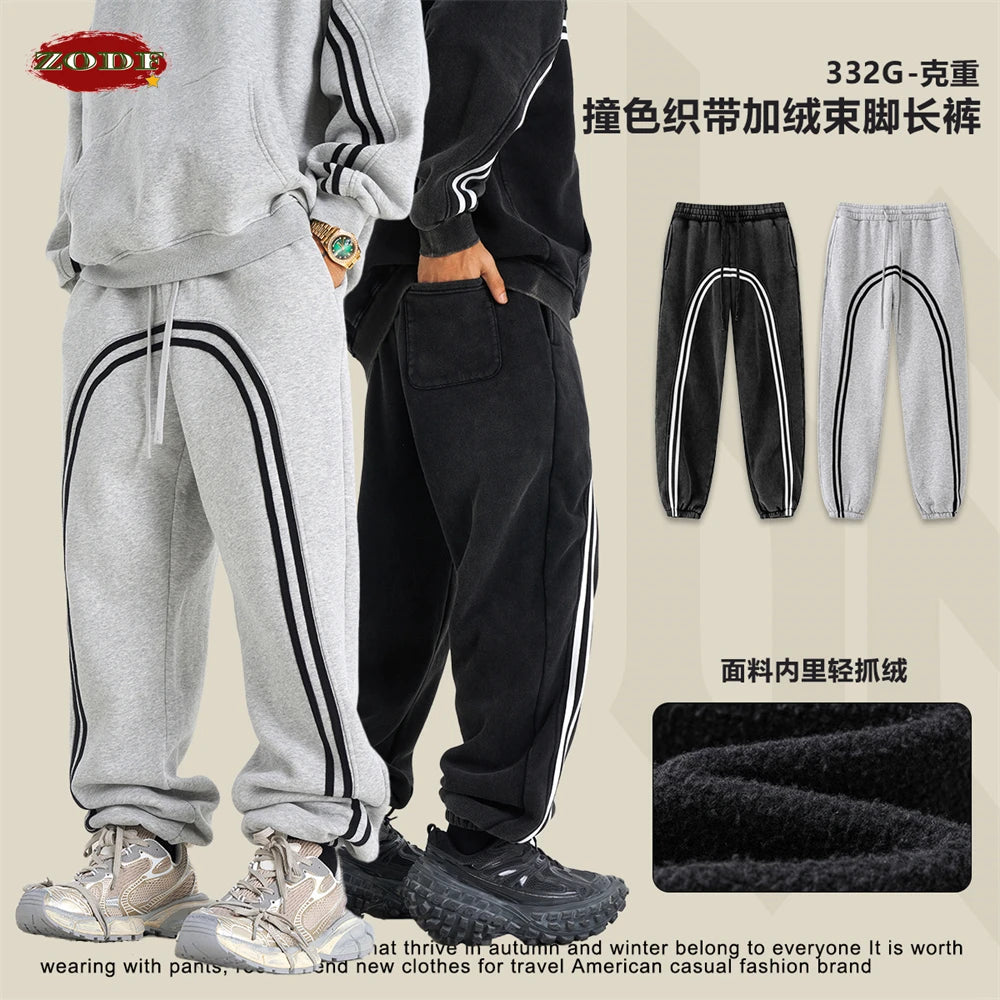 ZODF New Autumn Winter Men Fleece Sweatpants Women Unisex 332gsm Washed Ribbon Warm Joggers Pants Brand Clothes HY0877