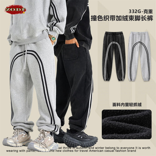 ZODF New Autumn Winter Men Fleece Sweatpants Women Unisex 332gsm Washed Ribbon Warm Joggers Pants Brand Clothes HY0877