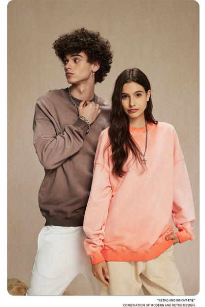 ZODF 2024 Autumn Men's Washed Sweatshirt Unisex Women Retro Solid 430gsm Terry Cotton O Neck Pullovers Coat HY0880