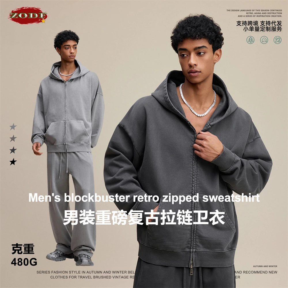 ZODF Heavy Wieght 480gsm Washed Cotton Boxy Zipper Hoodies For Man Unisex Retro Patchwork Off Shoulder Hooded Coats HY1152
