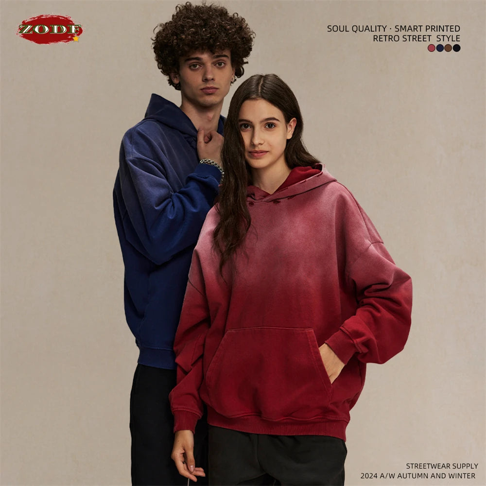 ZODF Retro Men's Heavyweight Gradient Washed Hoodies Unisex Loose Distressed Holes 450gsm Knitted Hooded Pullovers HY0891