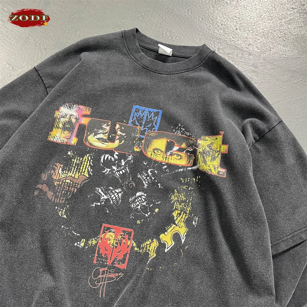 ZODF Retro 2025 Autumn Men 345gsm Washed Full Sleeve T-Shirts Unisex Heavy Weight Punk Style Printing Cotton T Shirt HY0012