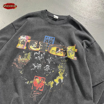 ZODF Retro 2025 Autumn Men 345gsm Washed Full Sleeve T-Shirts Unisex Heavy Weight Punk Style Printing Cotton T Shirt HY0012