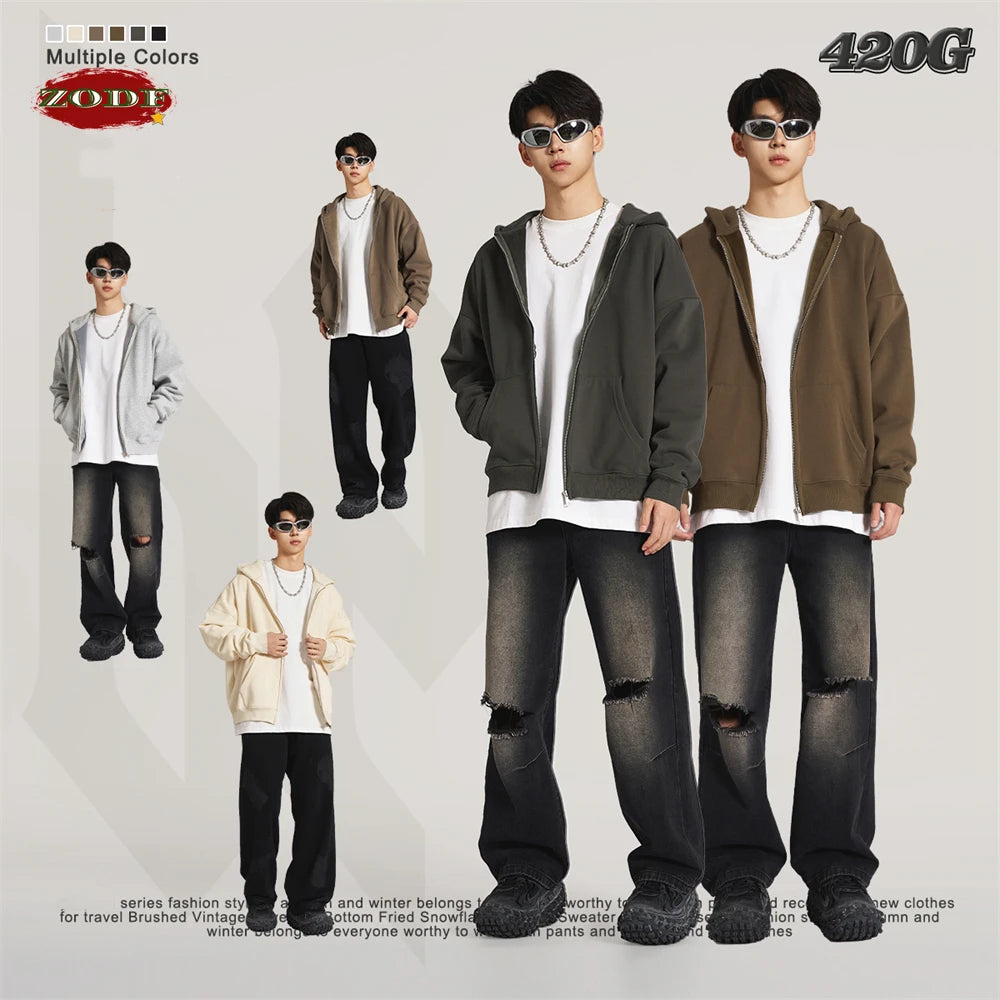 ZODF New Winter Men Zipper Fleece Hoodies Unisex Loose Heavy Weight Thick Warm Basic 420gsm Hooded Coats Hoodie HY0747