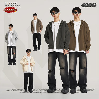 ZODF New Winter Men Zipper Fleece Hoodies Unisex Loose Heavy Weight Thick Warm Basic 420gsm Hooded Coats Hoodie HY0747