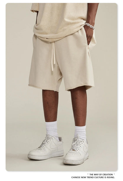ZODF New Summer Men Retro Washed Shorts Unisex Drawstring Loose Edge 420gsm Solid Knee Length Cotton Pants Streetwears HY0589