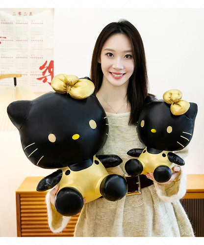 Cute Hello Kitty Plush Toy Black Gold Leather Cute Stuffed Animal Doll Kids Birthday Xmas Gift for Girls Plushie Pillow Present