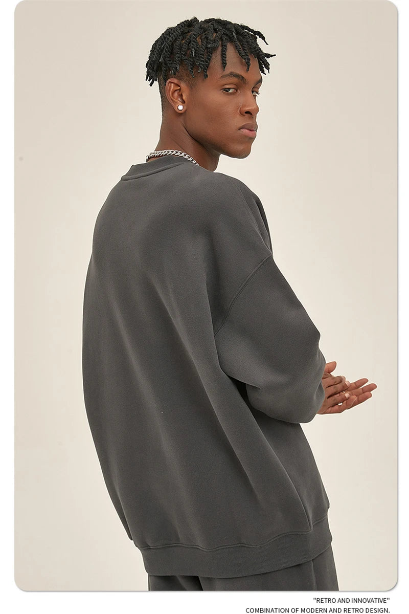 ZODF New 2025 Winter 350gsm Fleece Sweatshirts For Men Unisex Casual Loose Basic Solid O-Neck Thick Warm Pullovers HY0635