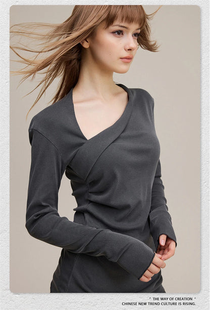 ZODF Retro Sexy Women Autumn Washed 275gsm T Shirt Ladies Girls Distressed Side Pleated Full Sleeve T-Shirts Tees HY1107