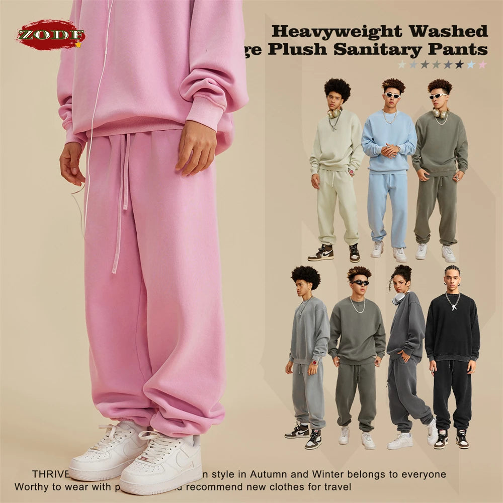 ZODF 2025 Autumn Winter Men’s Washed Fleece Sweatpants 355gsm Loose Retro Joggers Streetwear HY0653