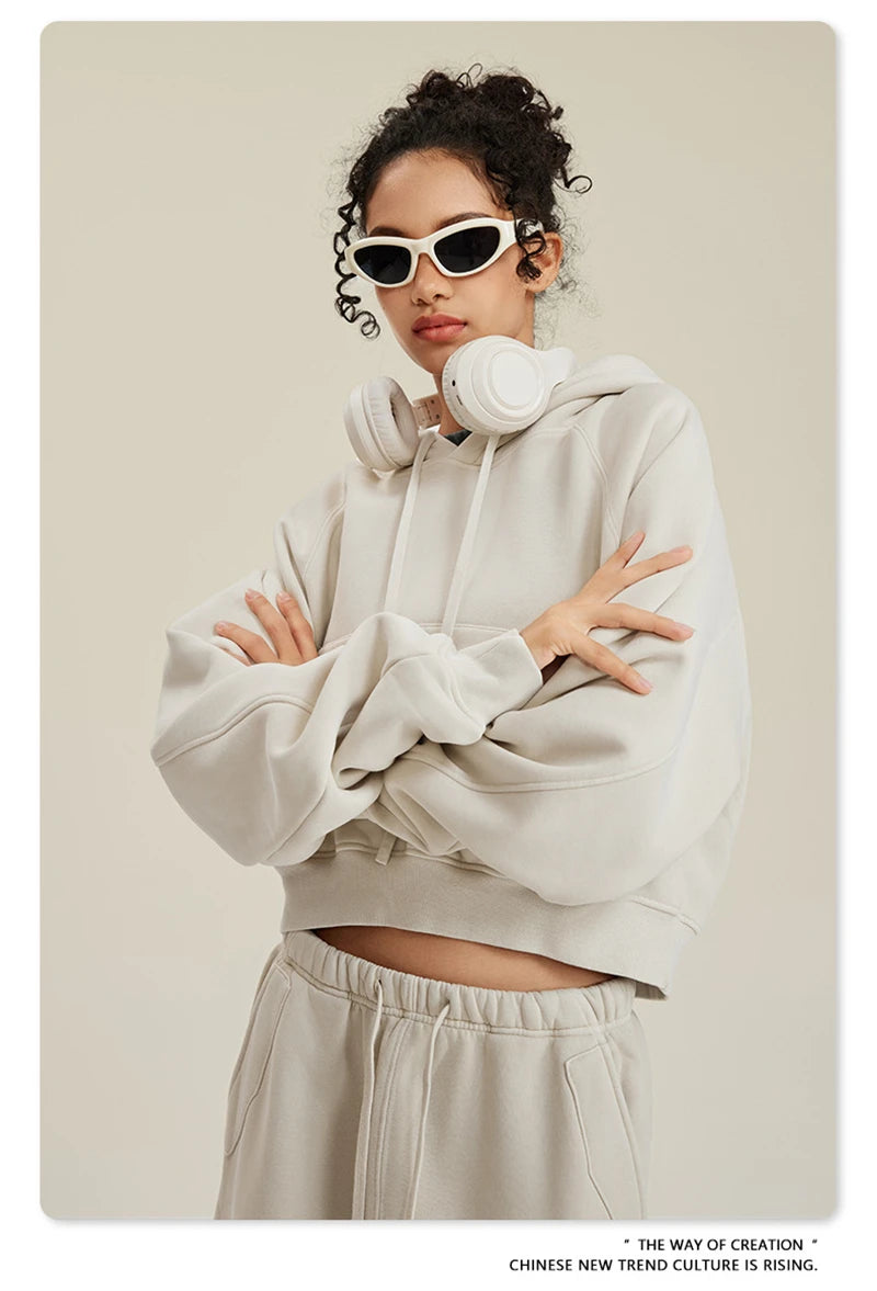 ZODF Women Hotsweet 2025 Winter Washed Fleece Crop Hoodies Girls Oversized Raglan Sleeve 400gsm Hooded Pullovers HY0648