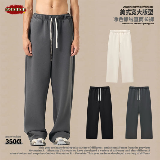 ZODF Casual Man 350gsm Fleece Straight Pants Unisex Loose Fit Sport Warm Wide Leg Trousers Brand Bottoms For Winter HY0037