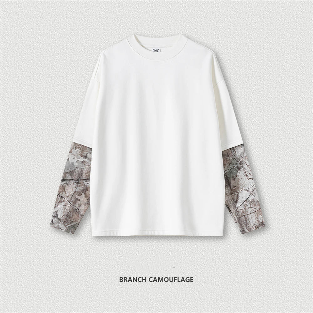 ZODF New Autumn Man Heat Transfer Printing T-Shirt Unisex Oversized 340gsm Fake 2-Piece Long Sleeve T Shirts Brand Tops HY1113