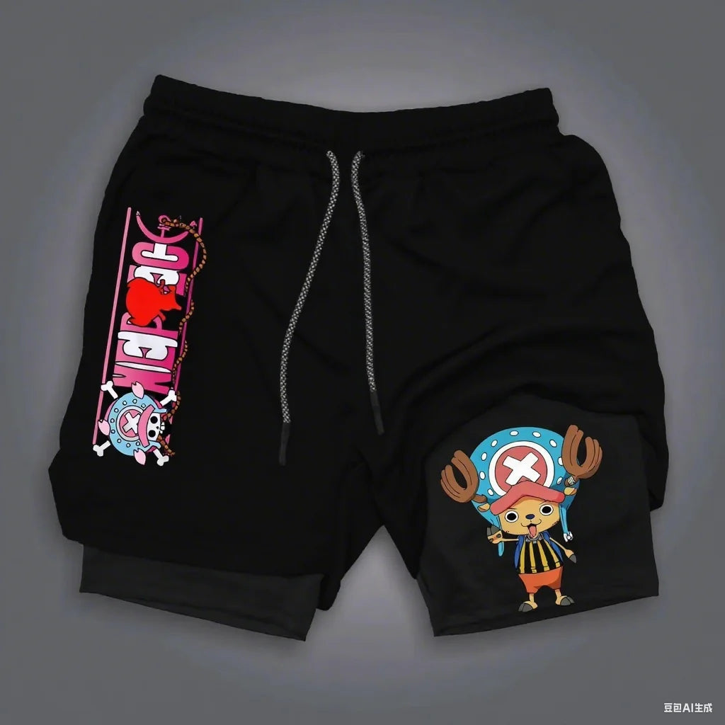 One Piece Chopper Anime Gym Shorts Men New Summer Japanese Cartoon Print Beach Pants Streetwear Double-layer 2-in-1 Sports Pants