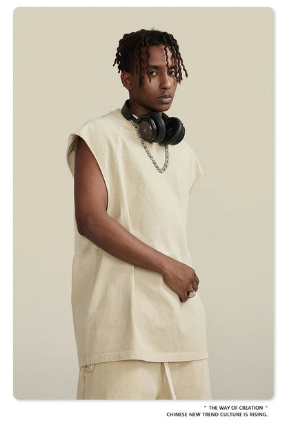 ZODF American Retro Men Washed Solid Tank Tops Women Unisex Loose Edge 275gsm Cotton Sleeveless Tees Brand Streetwears HY0503