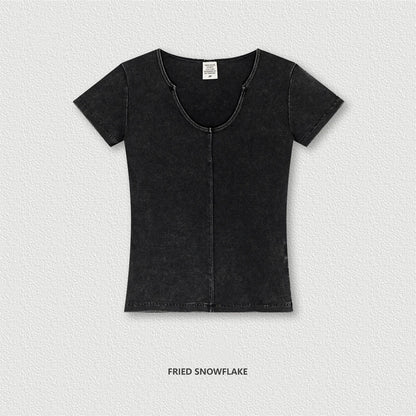 ZODF Women Retro 2025 Summer 275gsm U Collar Washed T-Shirts Hotsweet Girls Sexy Slim Fit T Shirt Brand Tees HY0992