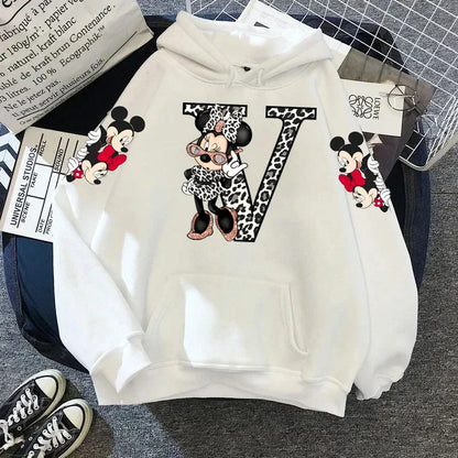 2024 Women's Winter Jacket Cute Kawaii Disney Mickey Mouse Lucky Letters Print White Hoodie Fashion Couple Streetwear Sportswear