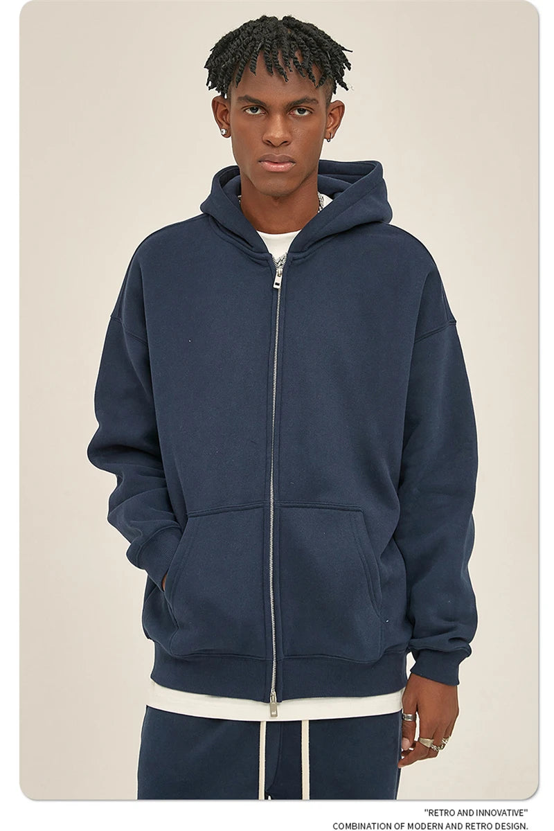 ZODF New Men Double Headed Zipper Fleece Hoodies Unisex Loose Basic Solid Warm Hooded Sweatshirts Coats For Winter HY0633