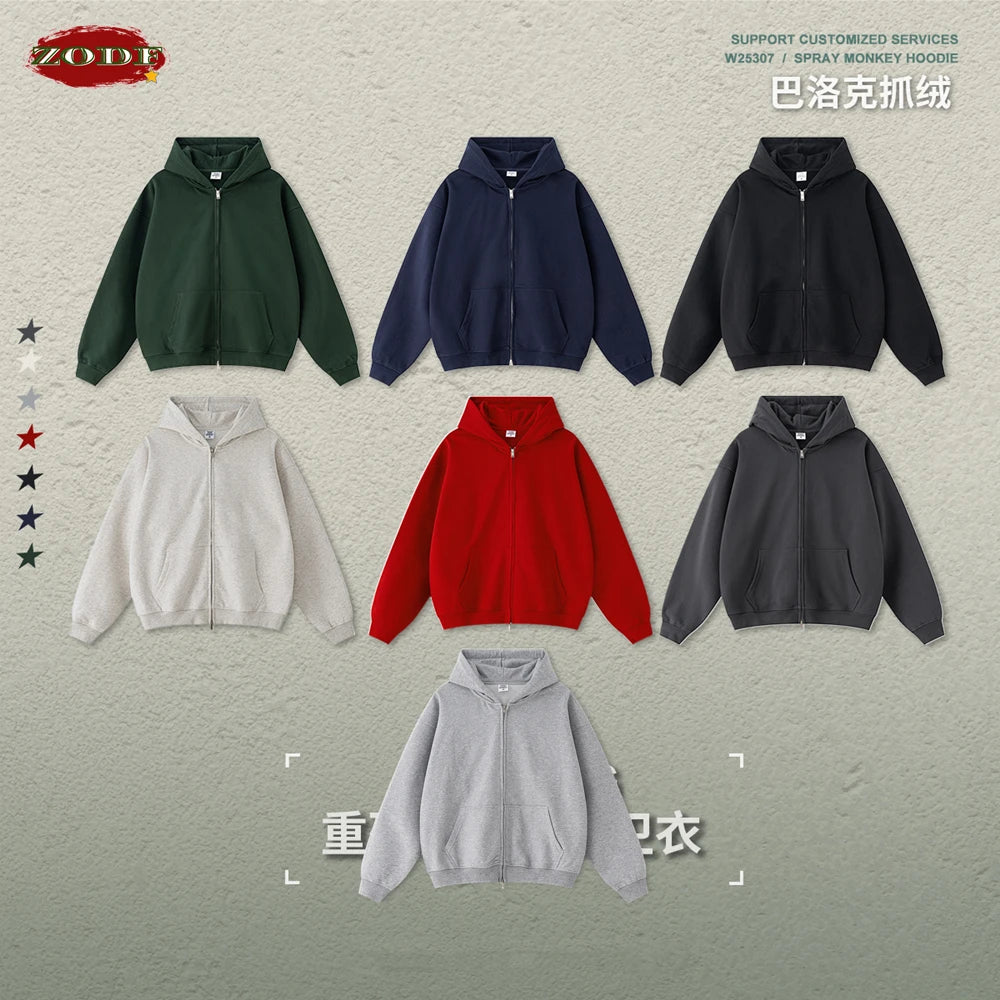 ZODF Trendy 2025 Heavy Weight 445gsm Zipper Hoodies For Man Unisex Casual Zip-up Hooded SweatShirts Coats HY1102