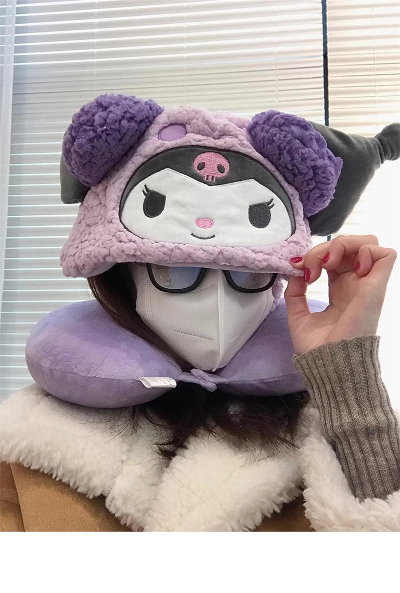 Stuffe Anime Hooded U-shaped Neck Pillow Hello Kitty Kuromi My Melody Travel Blackout Neck Pillow Office Nap Pillow Girl