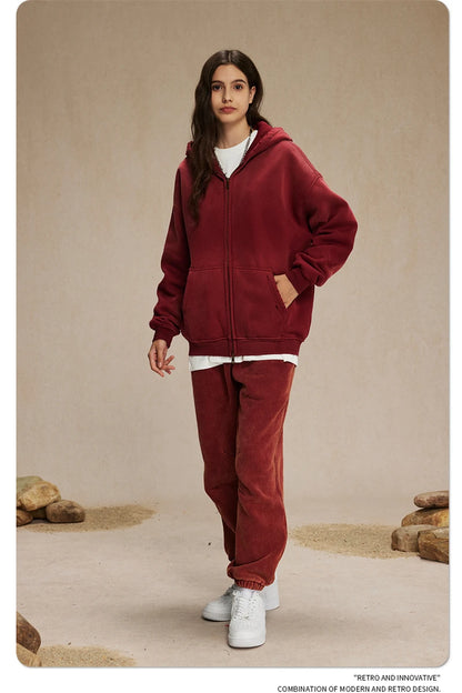 ZODF Retro Winter Men Spray-Dyed Zipper Hoodies Unisex Loose 360gsm Zipper Fleece Hooded Sweatshirt Pullovers Coats HY0719