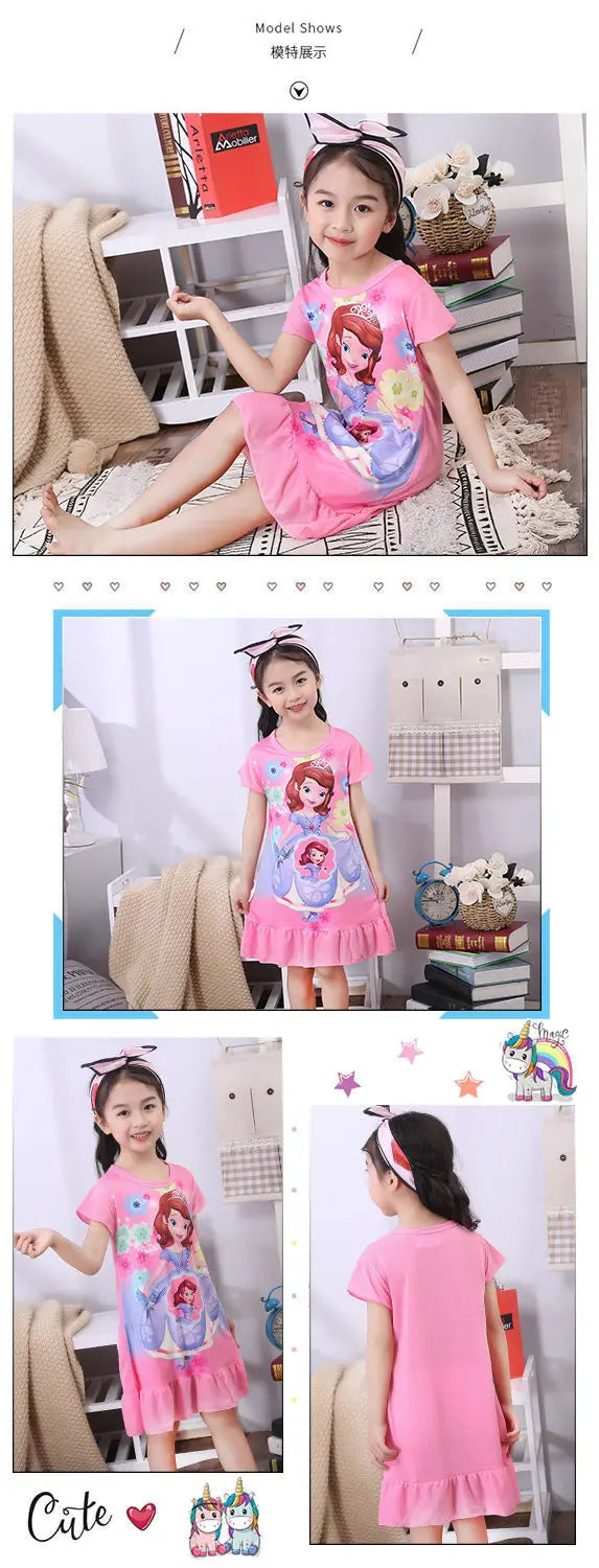 Girls Night Dress Summer Cartoon Snow White Frozen Princess Elsa Mermaid Print Toddler Girl Nightgown for Teens