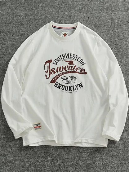 Autumn New American Retro Long-sleeved O-neck Letter Printed T-shirt Men's Fashion Simple 100% Cotton Washed Casual Sport Tops