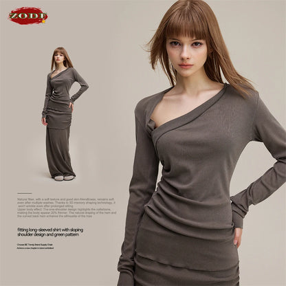 ZODF Retro Sexy Women Autumn Washed 275gsm T Shirt Ladies Girls Distressed Side Pleated Full Sleeve T-Shirts Tees HY1107