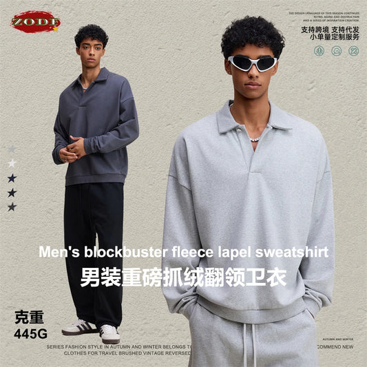 ZODF Casual 2025 Autumn 445gsm Sweatshirt For Man Unisex Turn Down Collar Solid Fleece Pullovers Winter Coats HY1111