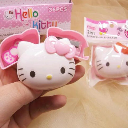 24pcs Sanrio Cartoon Creative Kt Pencil Sharpener+rubber Two-in-one Student Stationery Set Children's Dual-use Prizes Wholesale