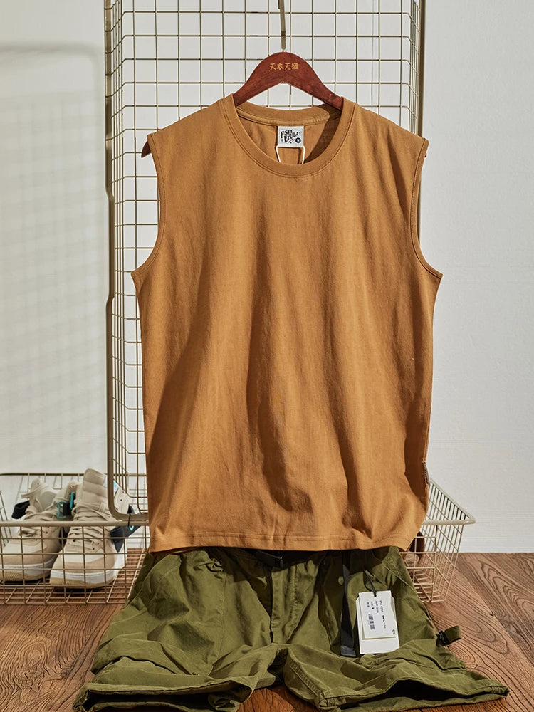 Summer New American Retro Sleeveless O-neck Soild Color T-shirt Men's Fashion 100% Cotton Washed Old Casual Sports Vest Tops