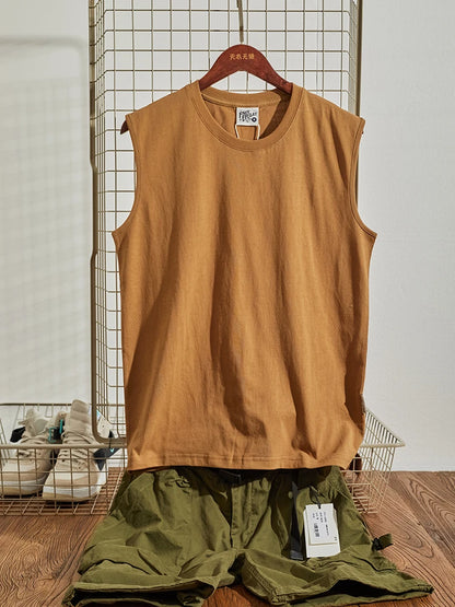 Summer New American Retro Sleeveless O-neck Soild Color T-shirt Men's Fashion 100% Cotton Washed Old Casual Sports Vest Tops