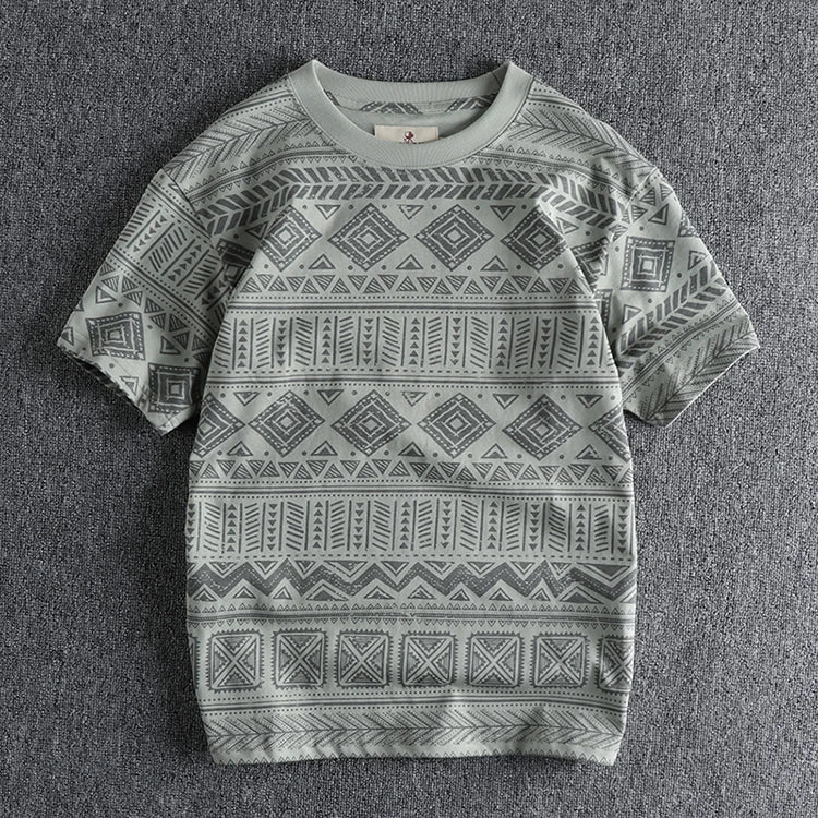 6013# Summer New American Retro Short Sleeve O-neck Geometric Printed T-shirt Men's Fashion 100% Cotton Washed Loose Casual Tops
