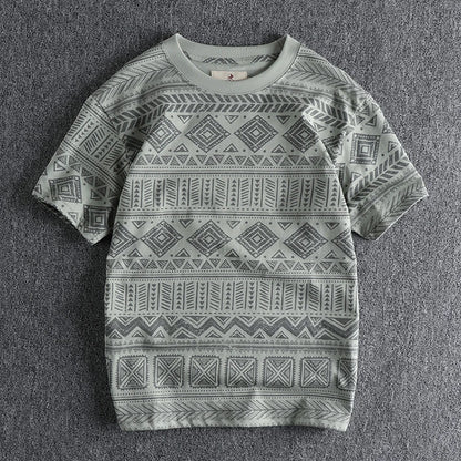 6013# Summer New American Retro Short Sleeve O-neck Geometric Printed T-shirt Men's Fashion 100% Cotton Washed Loose Casual Tops