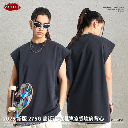 ZODF Trendy Men Summer Solid Cotton Tank Tops Unisex Oversized 275gsm Patchwork Sleeveless Tees Vests HY1051
