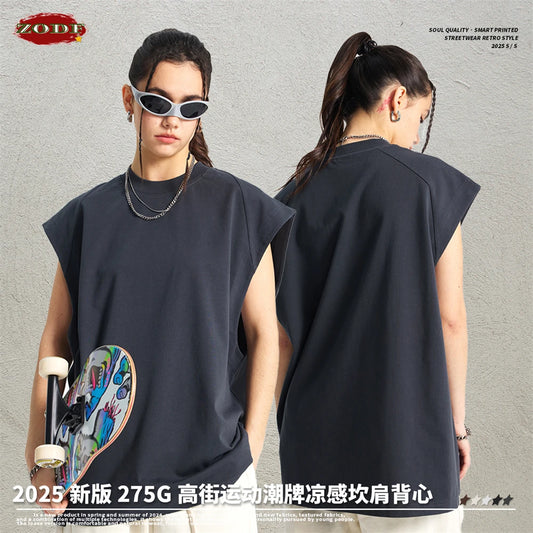 ZODF Trendy Men Summer Solid Cotton Tank Tops Unisex Oversized 275gsm Patchwork Sleeveless Tees Vests HY1051