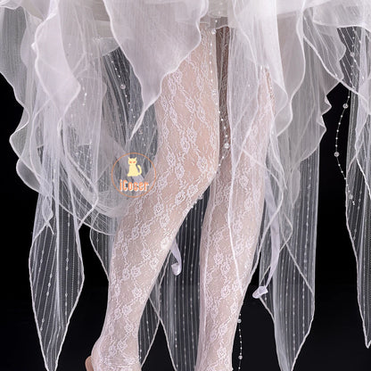 Wuthering Waves Phrolova Cosplay Costume Wig Dress White Spider Lily Layered Gown Headwear Halloween Party for Women Girls Props