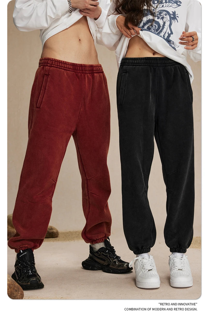 ZODF Retro Winter 360gsm Batik Washed Fleece Sweatpants Unisex Loose Drawstring Warm Joggers HY0714