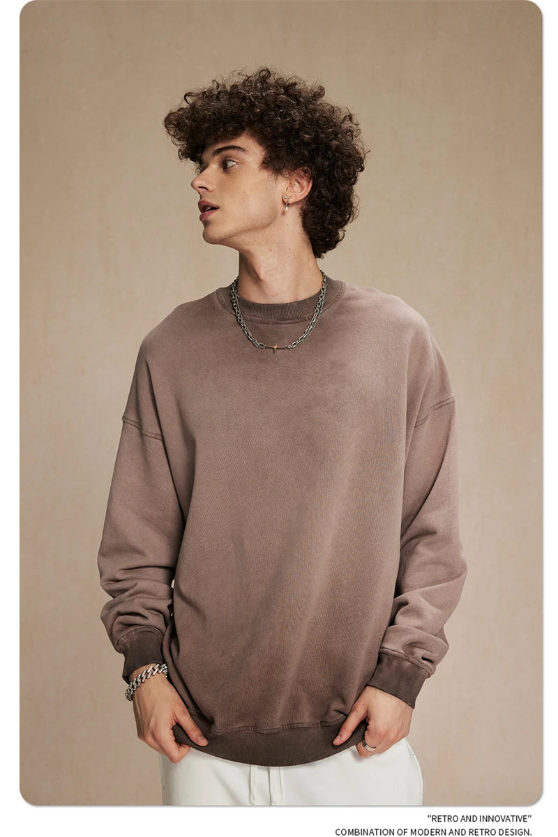 ZODF 2024 Autumn Men's Washed Sweatshirt Unisex Women Retro Solid 430gsm Terry Cotton O Neck Pullovers Coat HY0880