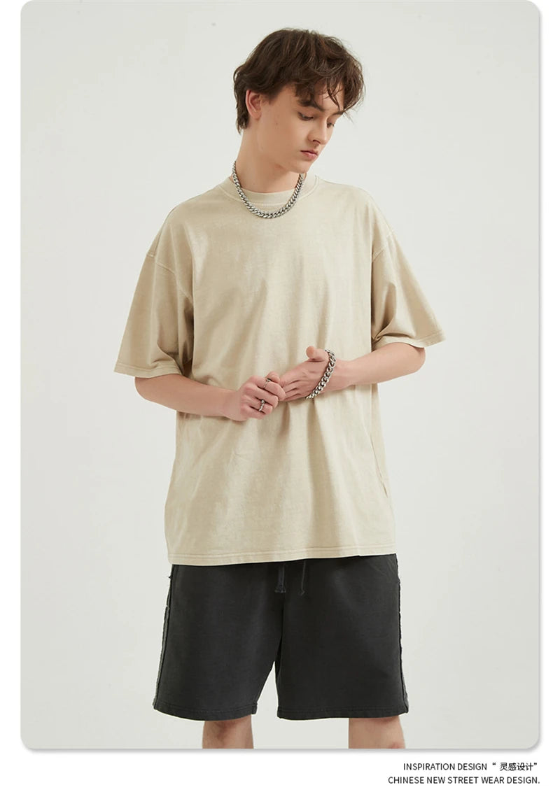 ZODF Men 2024 Retro Summer Washed Solid Cotton T-Shirts Unisex Retro Loose High Street 250gsm Basic Tees Streerwears HY0075