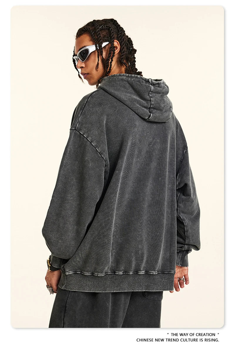 ZODF Retro Men Heavyweight Washed Cotton Hoodies Unisex Loose Thick 420gsm Hooded Sweatshirts Pullovers Coats HY0466
