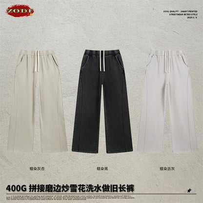 ZODF Retro 2025 Autumn Men 380gsm Washed Cotton Pants Unisex Patchwork Distressed Heavyweight Loose Solid Terry Trousers HY1071
