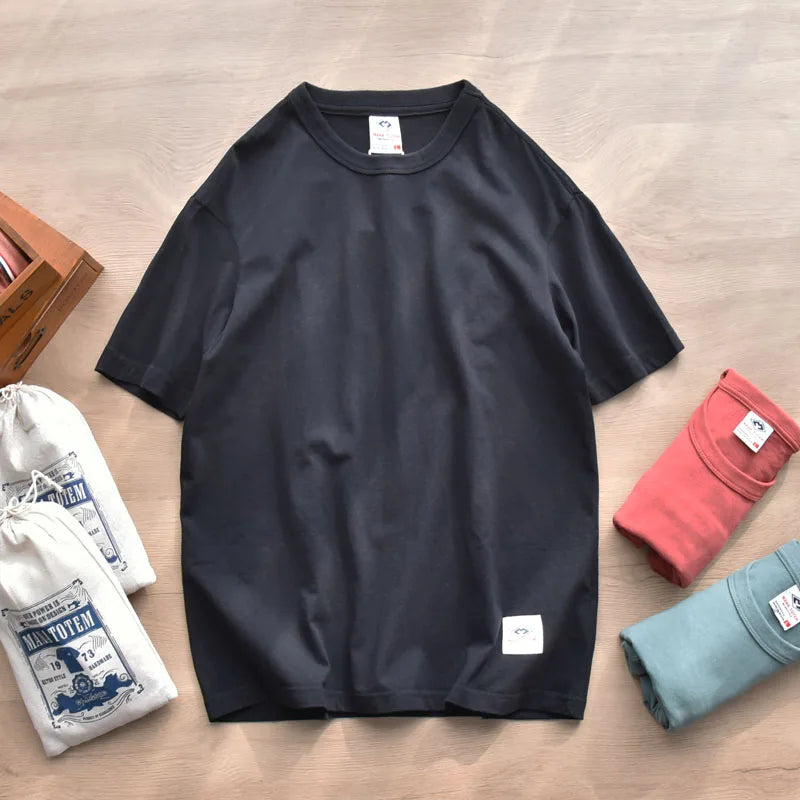 Summer New American Retro Short-sleeved O-neck Soild Color T-shirt Men's Fashion Simple 100% Cotton Washed Casual Sport Tops