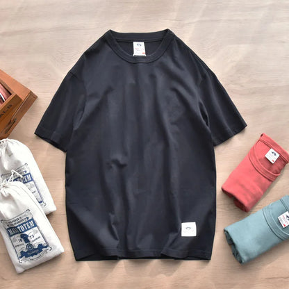 Summer New American Retro Short-sleeved O-neck Soild Color T-shirt Men's Fashion Simple 100% Cotton Washed Casual Sport Tops