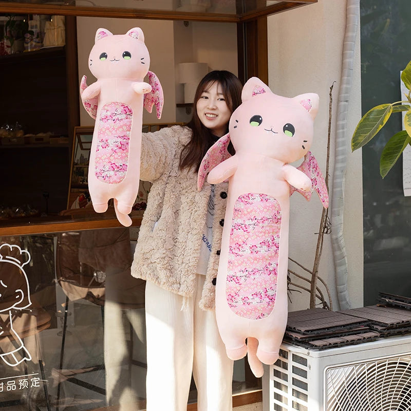 60cm Cat Shaped Hug Pillows Cherry Blossom Cat Plush Toys Bat Wing Kitten Sleeping Pillows Girl Birthday Gift