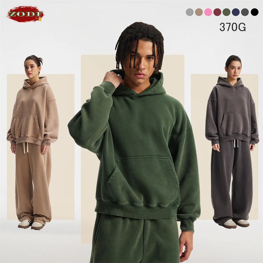 ZODF Retro 2025 Winter Man Washed Boxy Fleece Hoodies Unisex 370gsm Loose Hooded Pullovers Sweatshirt Streetwears HY1129