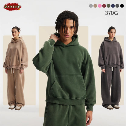 ZODF Retro 2025 Winter Man Washed Boxy Fleece Hoodies Unisex 370gsm Loose Hooded Pullovers Sweatshirt Streetwears HY1129