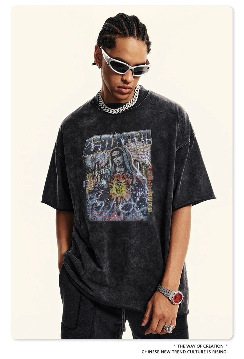 ZODF 2024 Summer 310GSM Cotton T-Shirts For Men Unisex Washed Comfortable High Street Printing T Shirt Tees HY0463