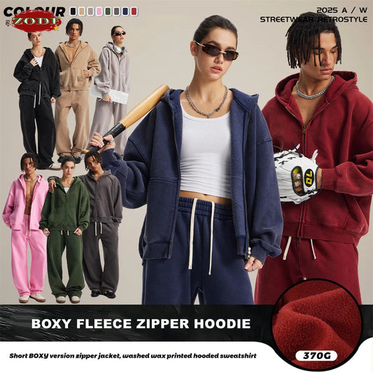 ZODF New 2025 Winter Man's Fleece Zipper Hoodies Unisex Retro 370gsm Loose Boxy Batik Washed Hooded Coats Sweatshirts HY1164