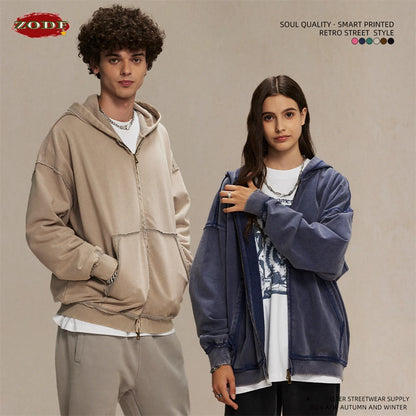 ZODF Retro Men's Heavyweight 450gsm Zipper Hoodies Unisex Loose Distressed Washed Batik Knitted Hooded Coat Jacket HY0889